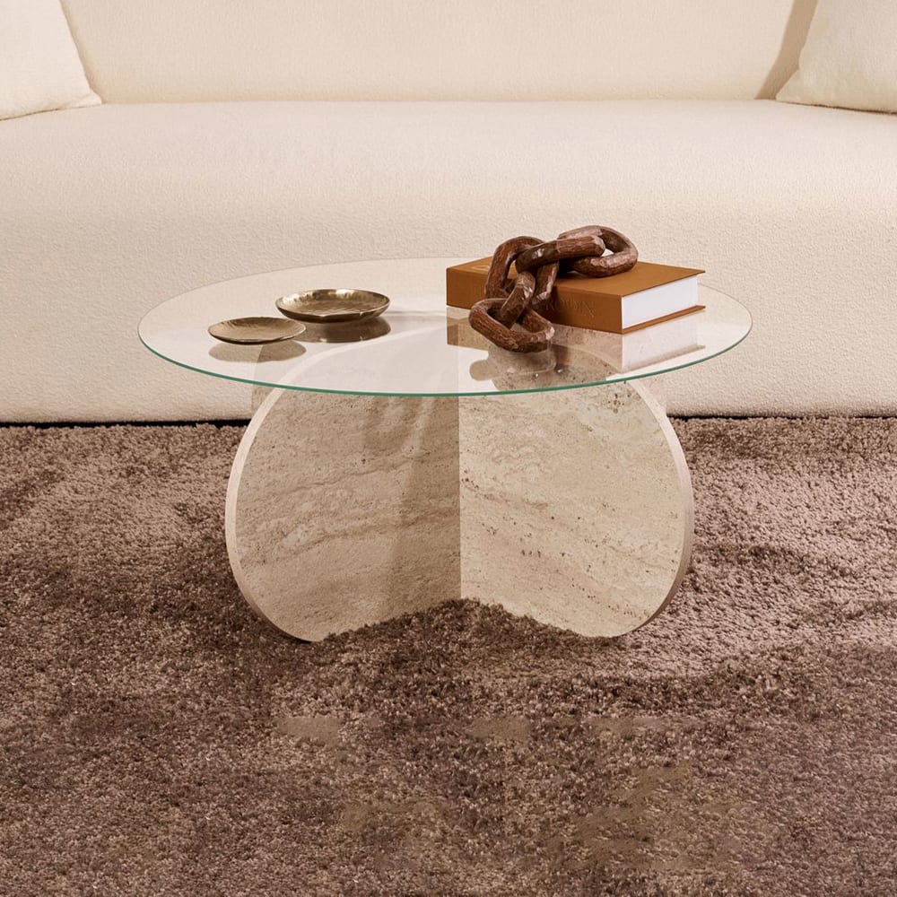 Table basse ronde 75x75x35 cm en verre et décor travertin - kori Table basse ronde 75x75x35 cm en verre et décor travertin - kori