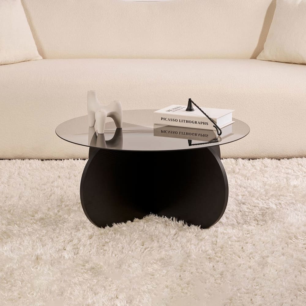Table basse ronde 75x75x35 cm en verre fumé et décor noir - kori Table basse ronde 75x75x35 cm en verre fumé et décor noir - kori