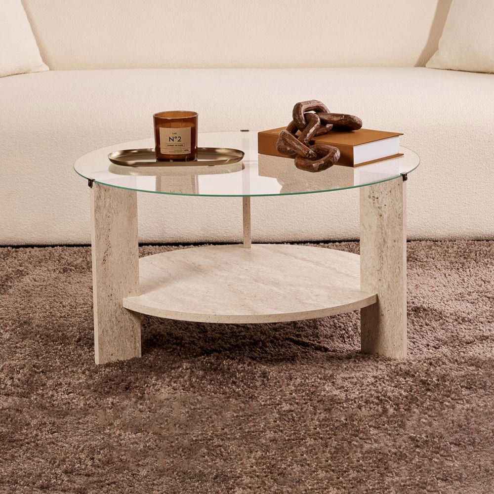 Table basse ronde 75x75x40 cm en verre et décor travertin - neco Table basse ronde 75x75x40 cm en verre et décor travertin - neco