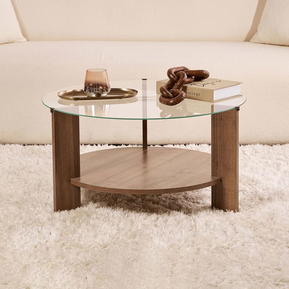 Table basse ronde 75x75x40 cm en verre et décor noyer - neco Table basse ronde 75x75x40 cm en verre et décor noyer - neco