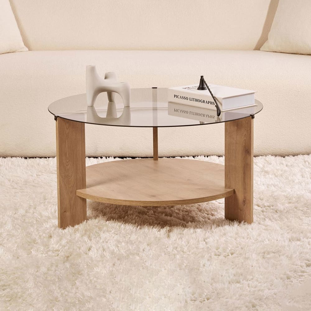 Table basse ronde 75x75x40 cm en verre fumé et décor chêne - neco Table basse ronde 75x75x40 cm en verre fumé et décor chêne - neco