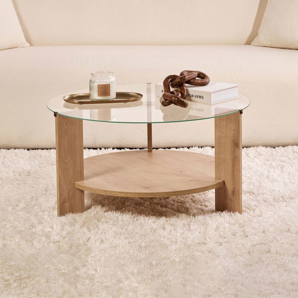 Table basse ronde 75x75x40 cm en verre et décor chêne - neco Table basse ronde 75x75x40 cm en verre et décor chêne - neco