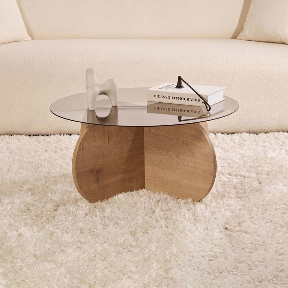Table basse ronde 75x75x35 cm en verre fumé et décor chêne - kori Table basse ronde 75x75x35 cm en verre fumé et décor chêne - kori
