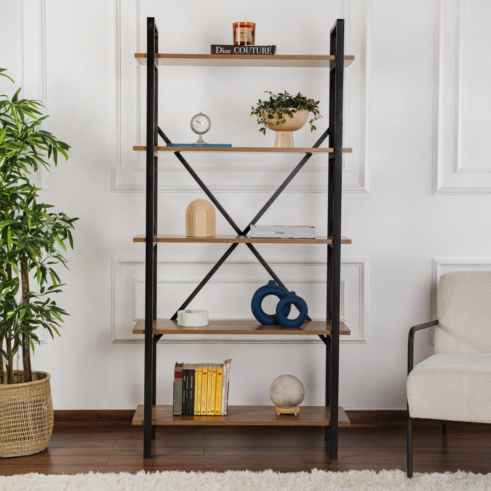 Etagère 5 niveaux 90x33,5x180 cm décor noyer et noir Etagère 5 niveaux 90x33,5x180 cm décor noyer et noir