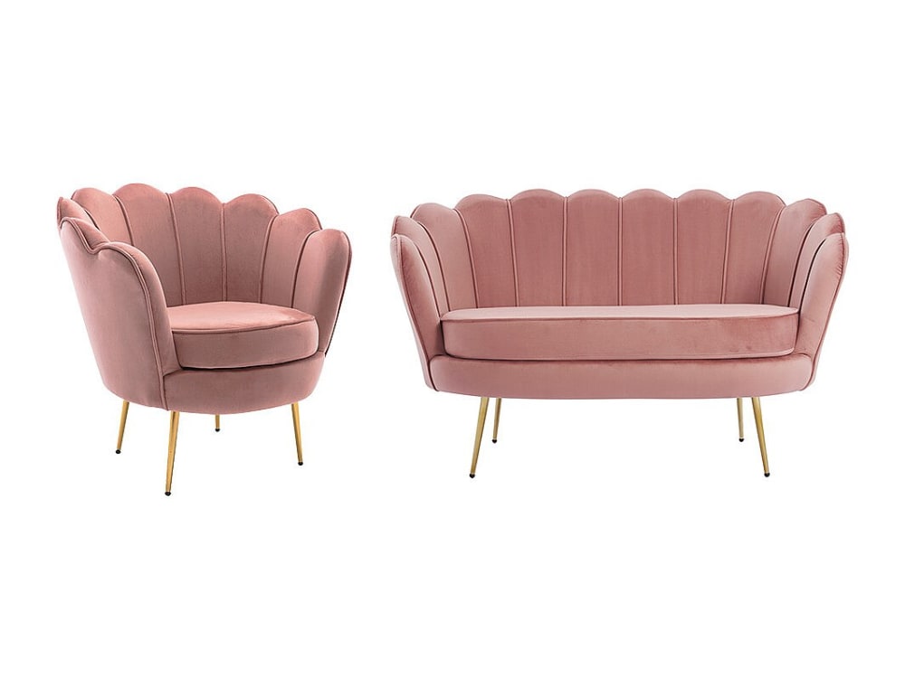Ensemble canapé fauteuil fixe velours 3 places rose