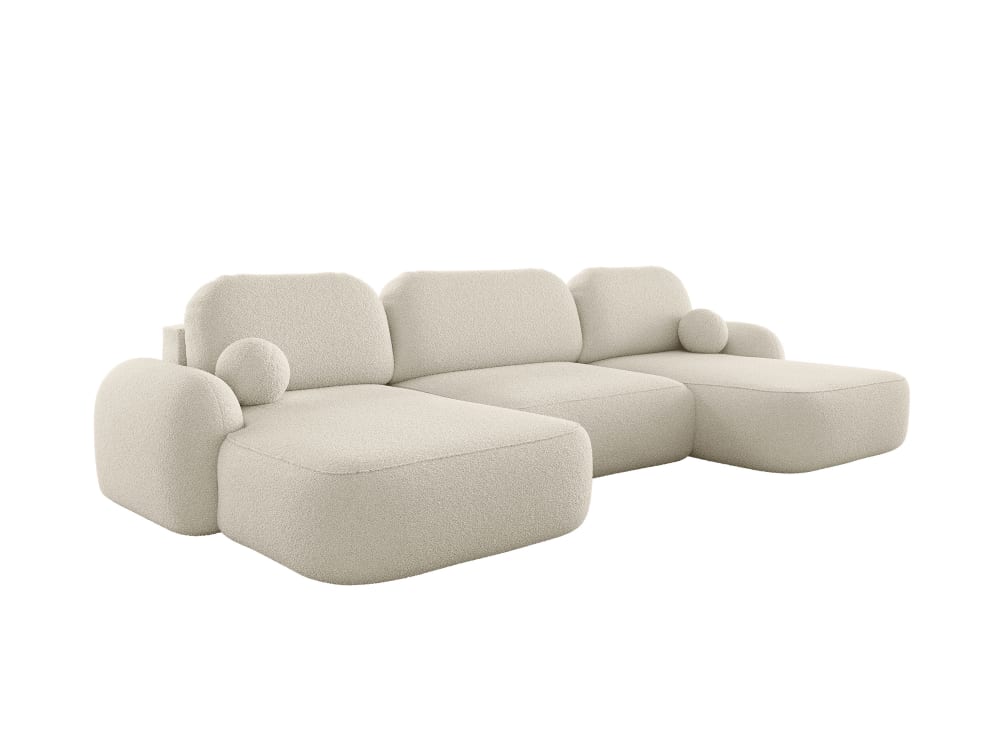 Canapé d'angle panoramique 6 places en tissu bouclette beige