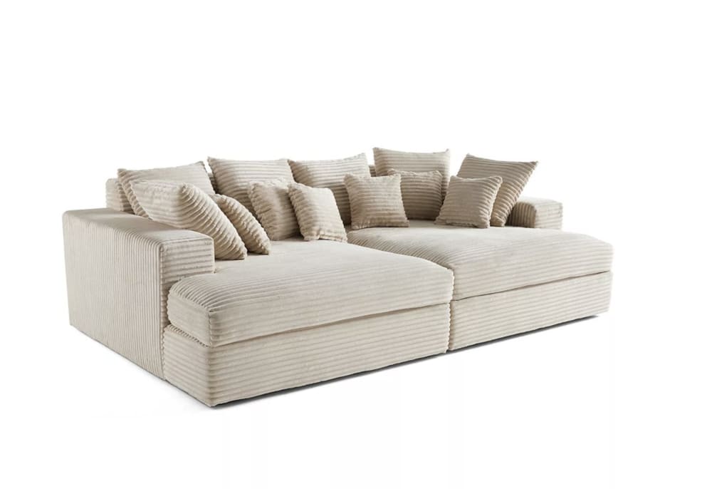 Canapé droit double méridienne 4 places en velours côtelé beige