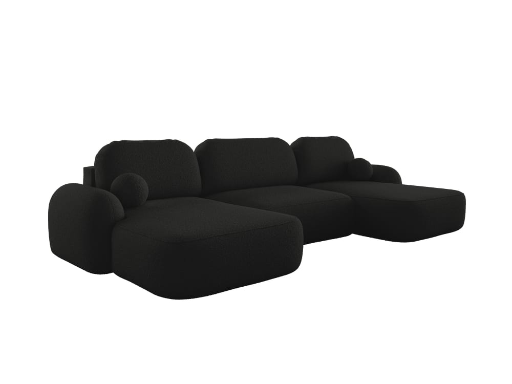 Canapé d'angle panoramique 6 places en tissu bouclette noir