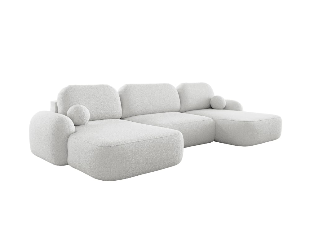 Canapé d'angle panoramique 6 places en tissu bouclette blanc cassé