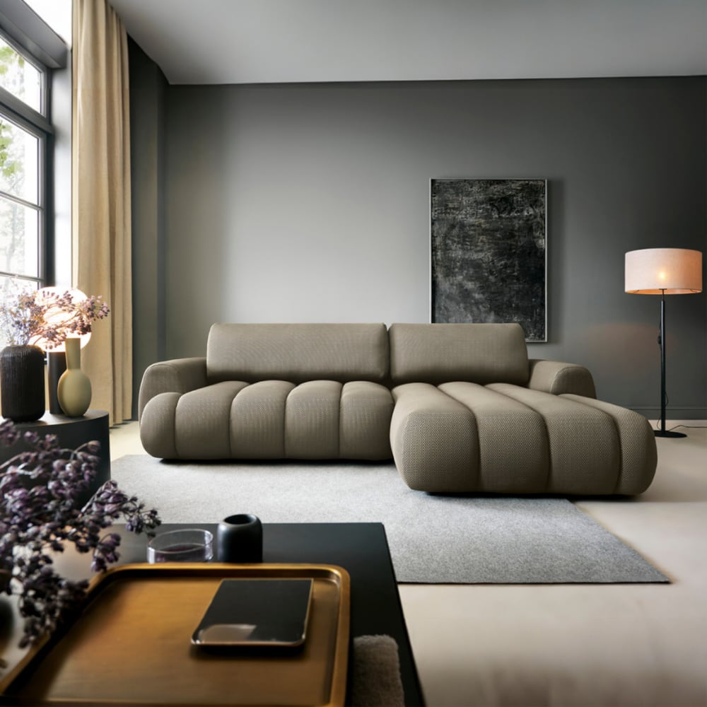 Canapé d'angle convertible 4 places en tissu 3D gris angle droit