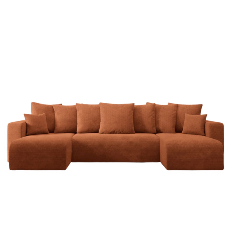 Canapé d’angle panoramique 6 places en tissu anti tâche terracotta