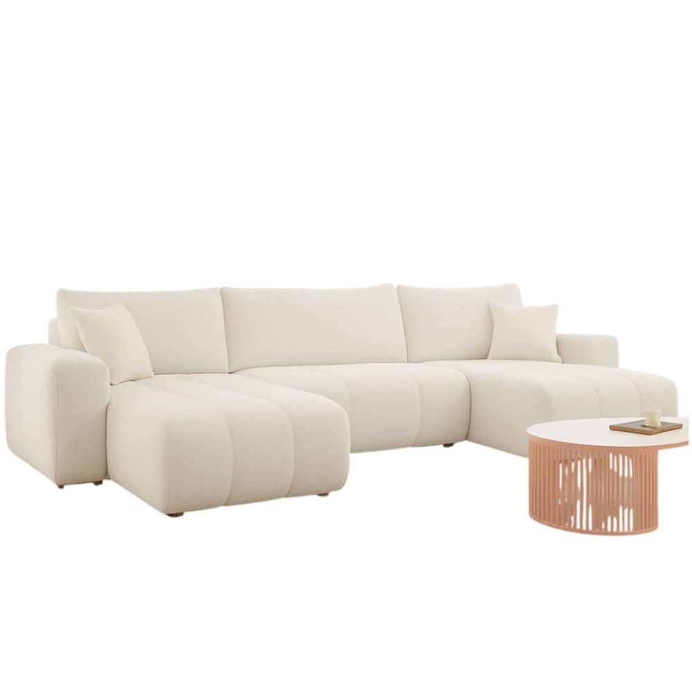 Canapé d'angle panoramique en tissu anti tâche hydrophobe beige