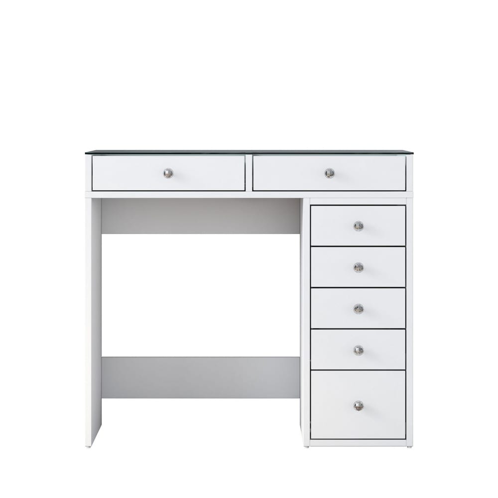 Coiffeuse 7 tiroirs avec plateau en verre L90cm - Blanc