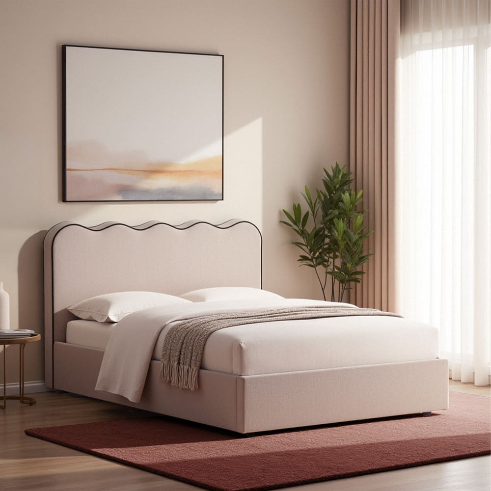 Lit coffre en tissu avec tête de lit ondulée 140x190cm - beige