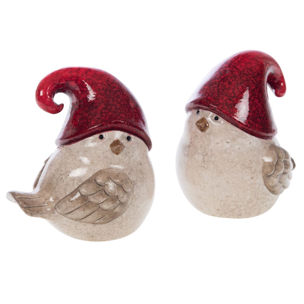 Lot de 2 oiseaux bonnet beiges en céramique