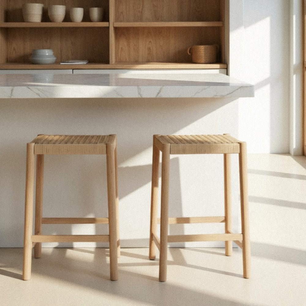 Tabouret de bar en corde tressée et bois H65cm - Bois clair