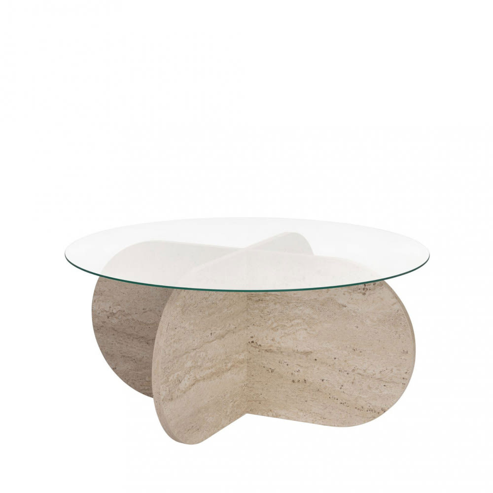 Table basse ronde en verre trempé et effet travertin ø75cm - Beige