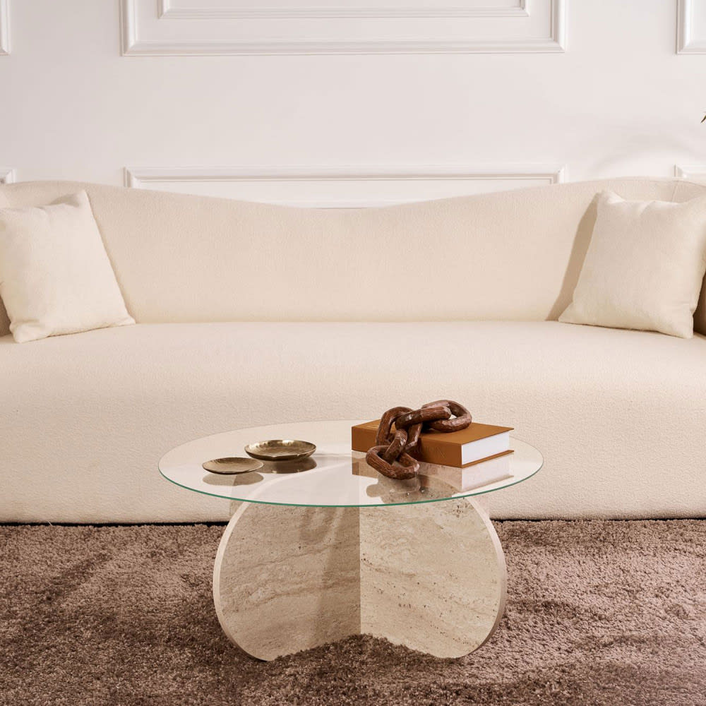 Table basse ronde en verre trempé et effet travertin ø75cm - beige