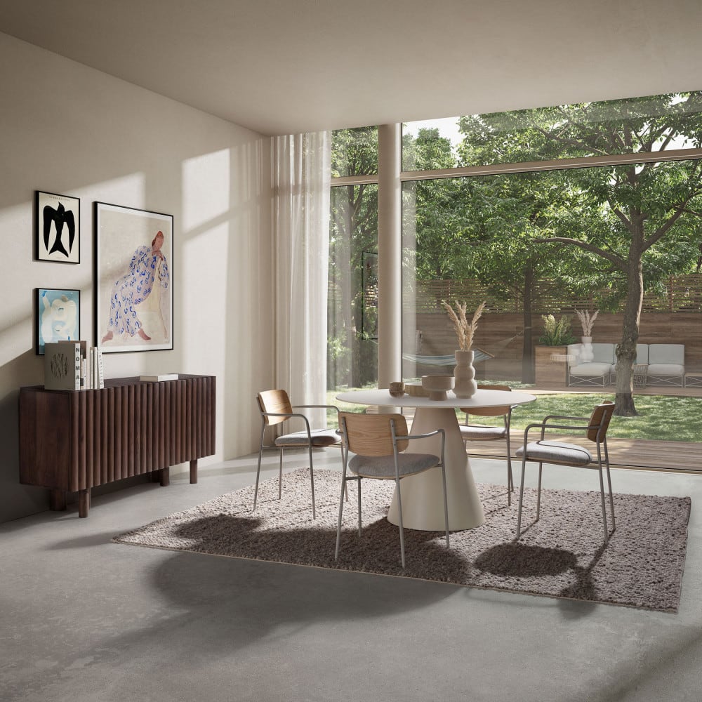 Table à manger 4pers ronde verre trempé/métal ø120cm beige