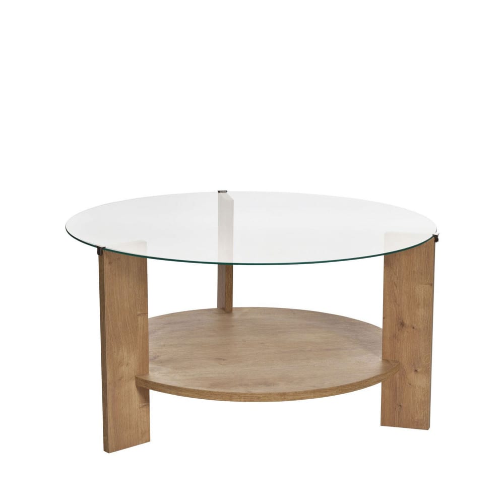 Table basse ronde en verre trempé et bois ø75cm - Bois clair