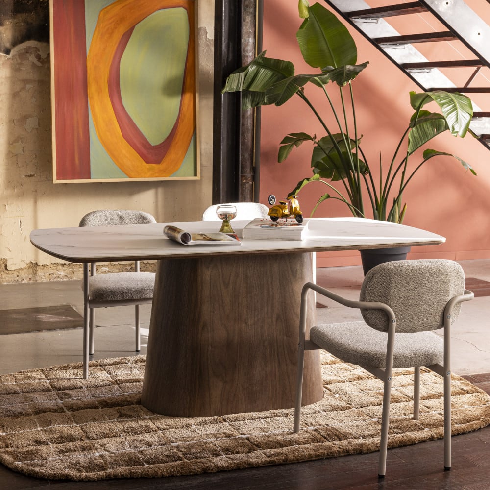 Table à manger 8 personnes effet marbre et bois - Bois foncé