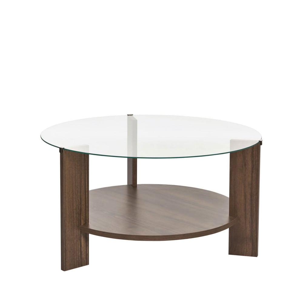 Table basse ronde en verre trempé et bois ø75cm - Bois foncé