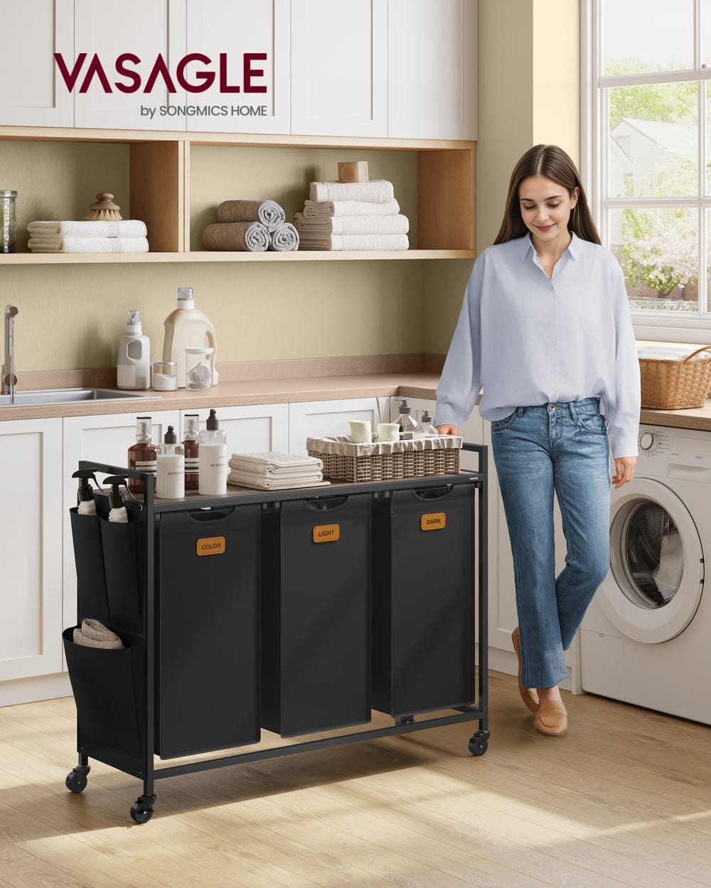 Panier à linge 3 compartiments corbeille roulettes 100 l noir