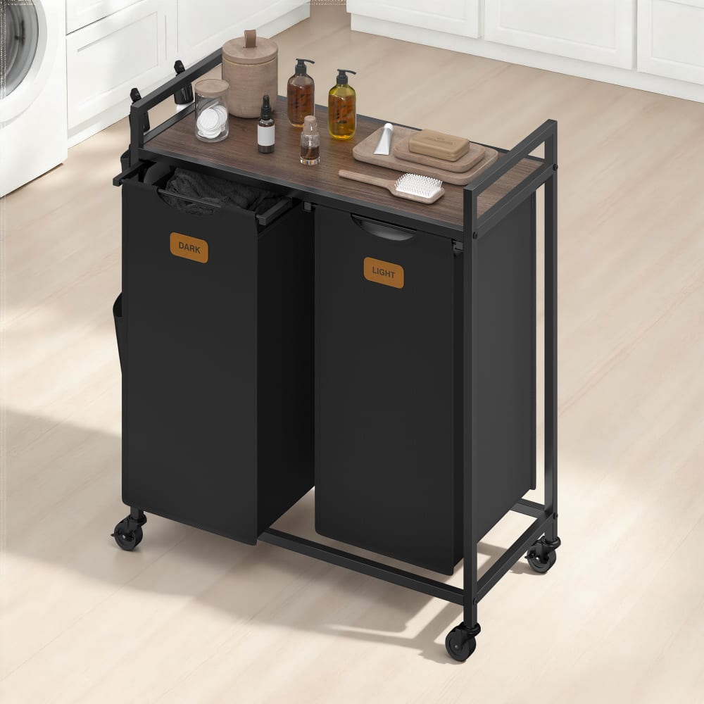 Panier à linge à roulettes 2 compartiments de tri 100 l noir et marron — vue 4
