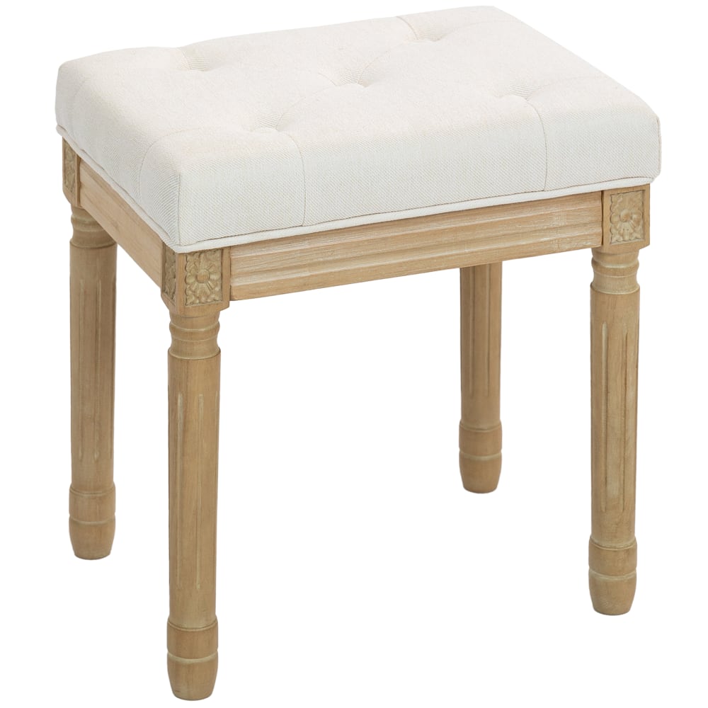 Repose pied salon pieds en bois d'hévéa tissu aspect lin beige Repose pied salon pieds en bois d'hévéa tissu aspect lin beige