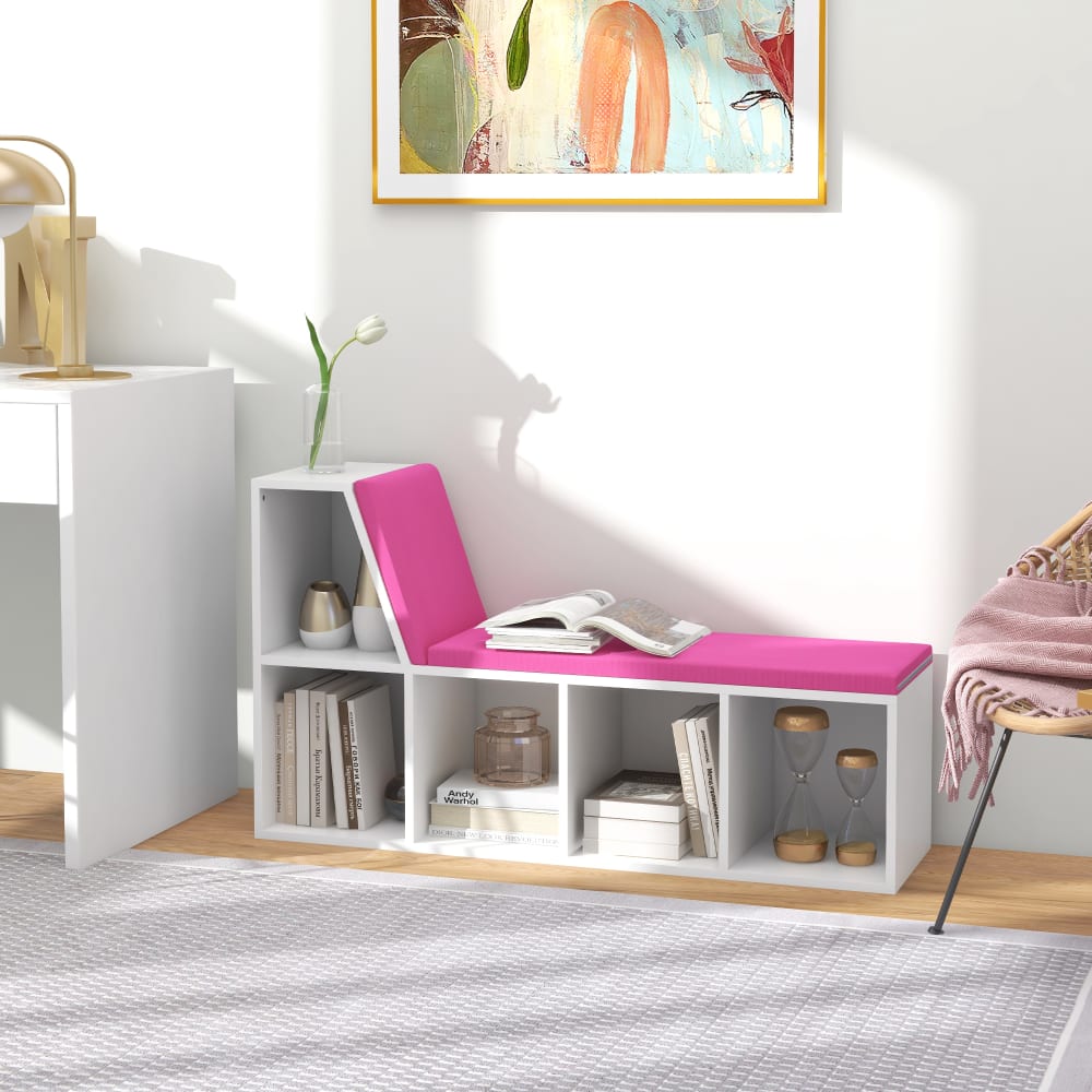 Bibliothèque banc 2 en 1 5 compartiments étagère de livres blanc rose
