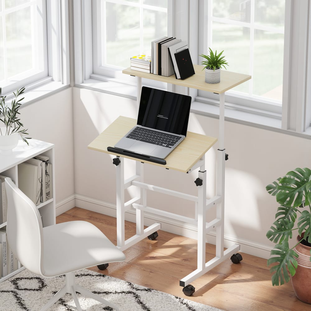 Bureau assis debout plateau inclinable à roulettes cadre métal naturel