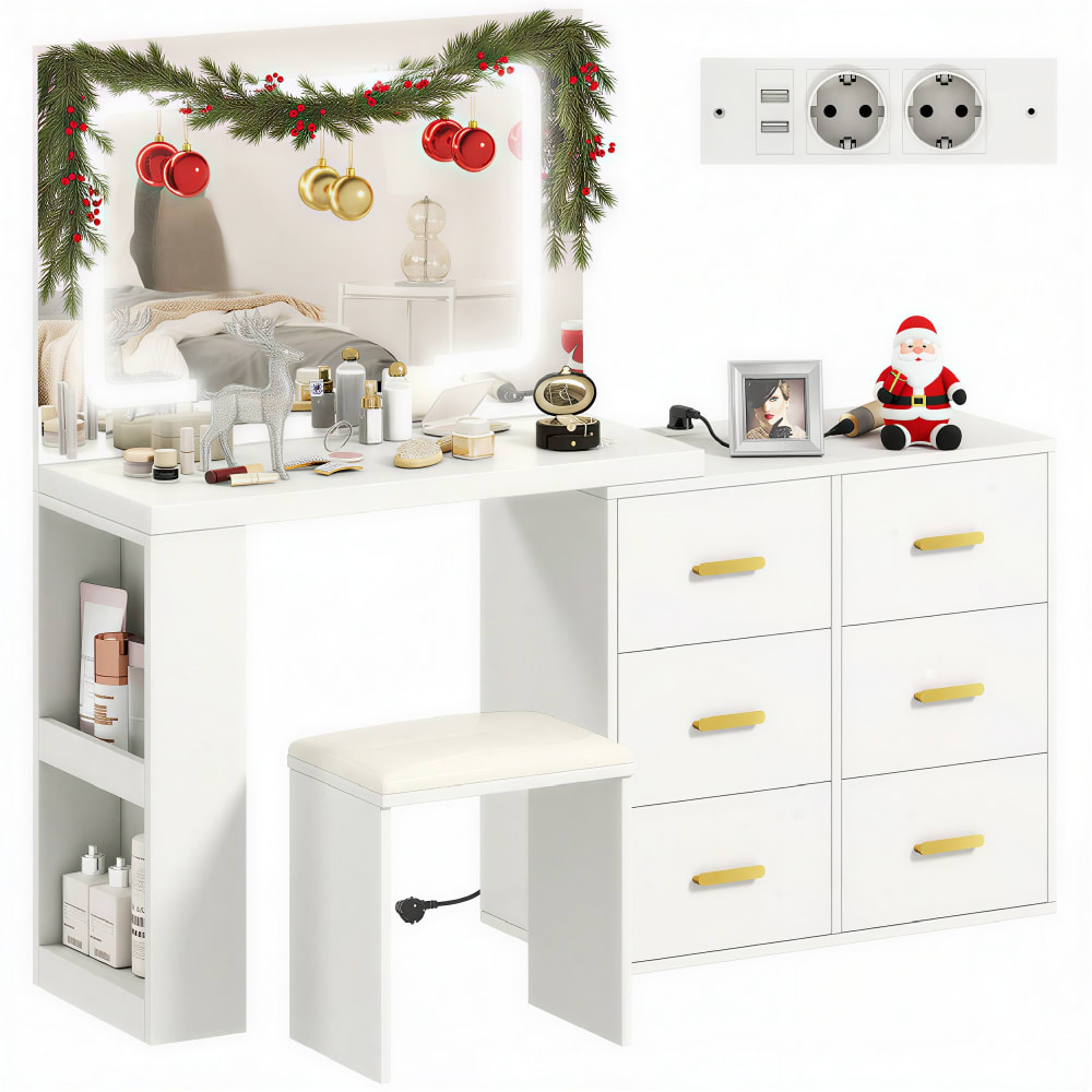 Coiffeuse avec miroir et tabouret LED réglable 6 tiroirs MDF blanc