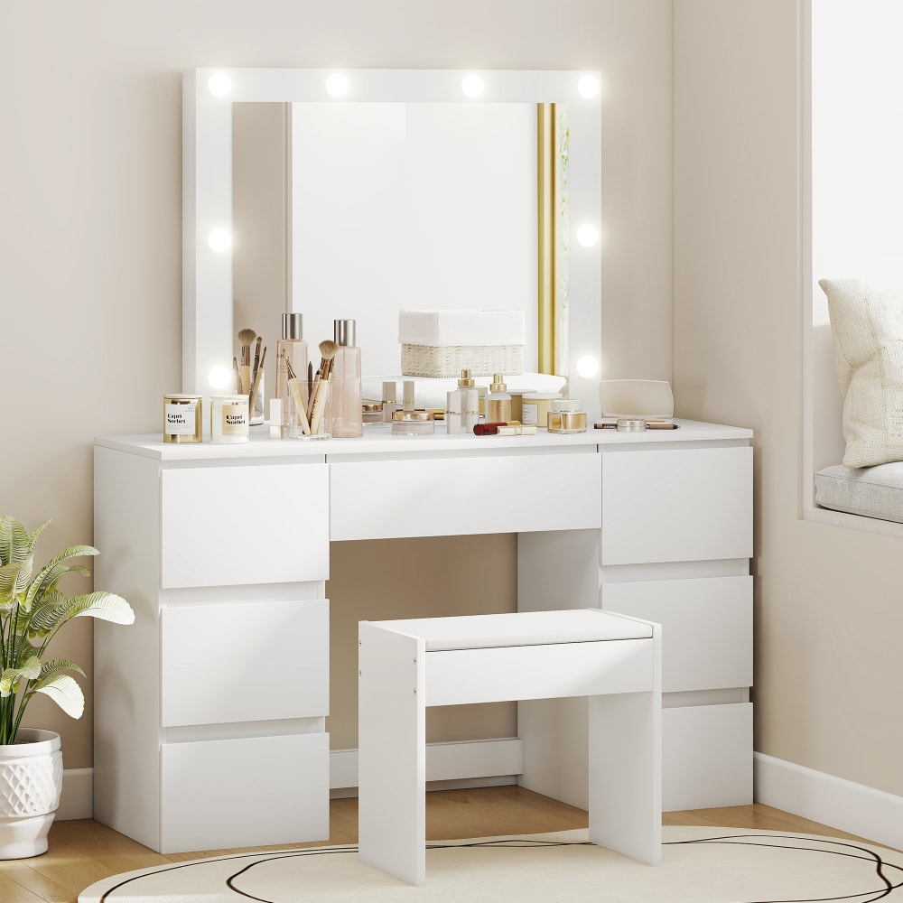 LED-Spiegel-Kommode & Polsterhocker, 7-Schubladen, Weißholz -