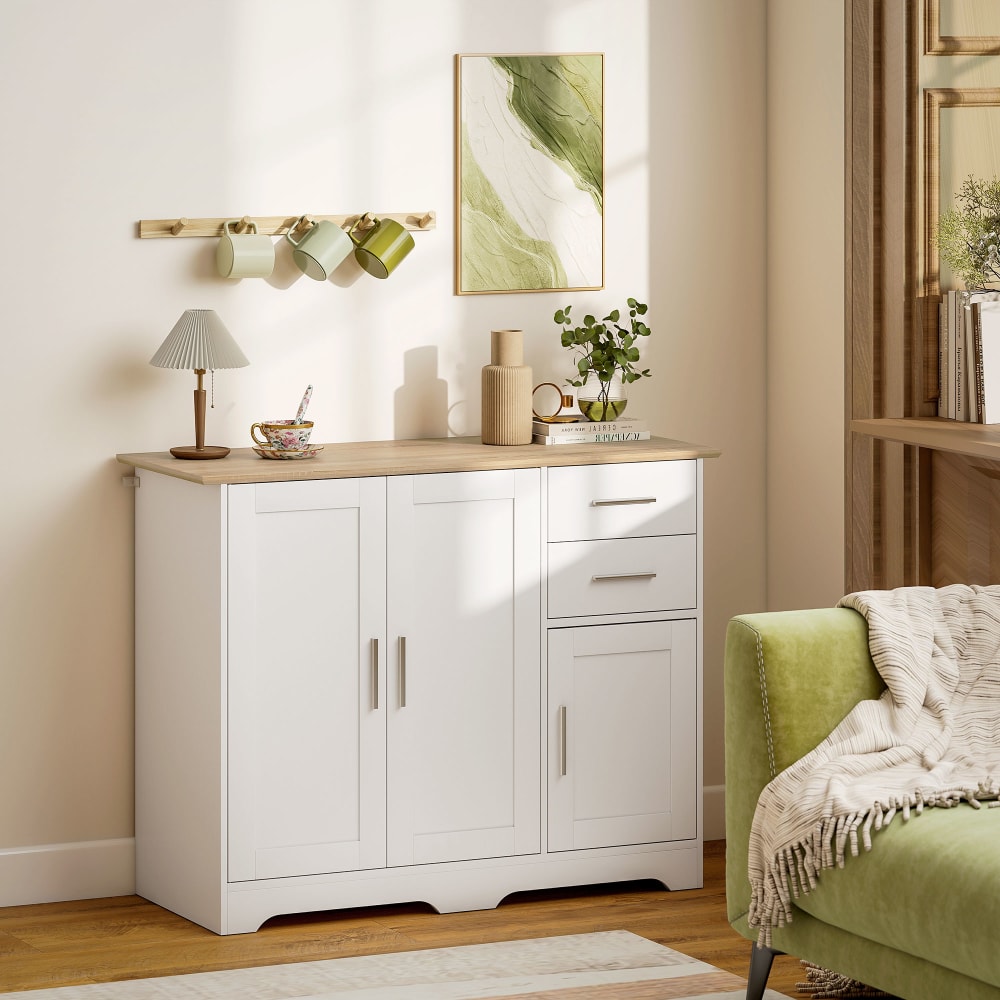 Buffet 2 tiroirs 3 portes étagère réglable panneau de particules blanc