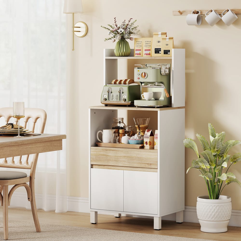 Meuble micro onde placard tiroir bois chêne et blanc