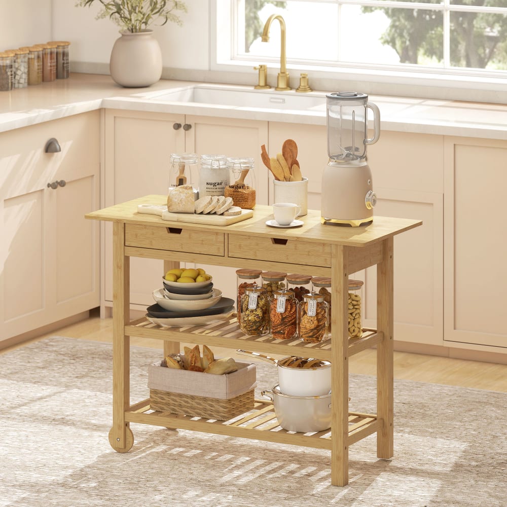 Desserte cuisine à roulettes 2 tiroirs 2 étagères bambou bois naturel