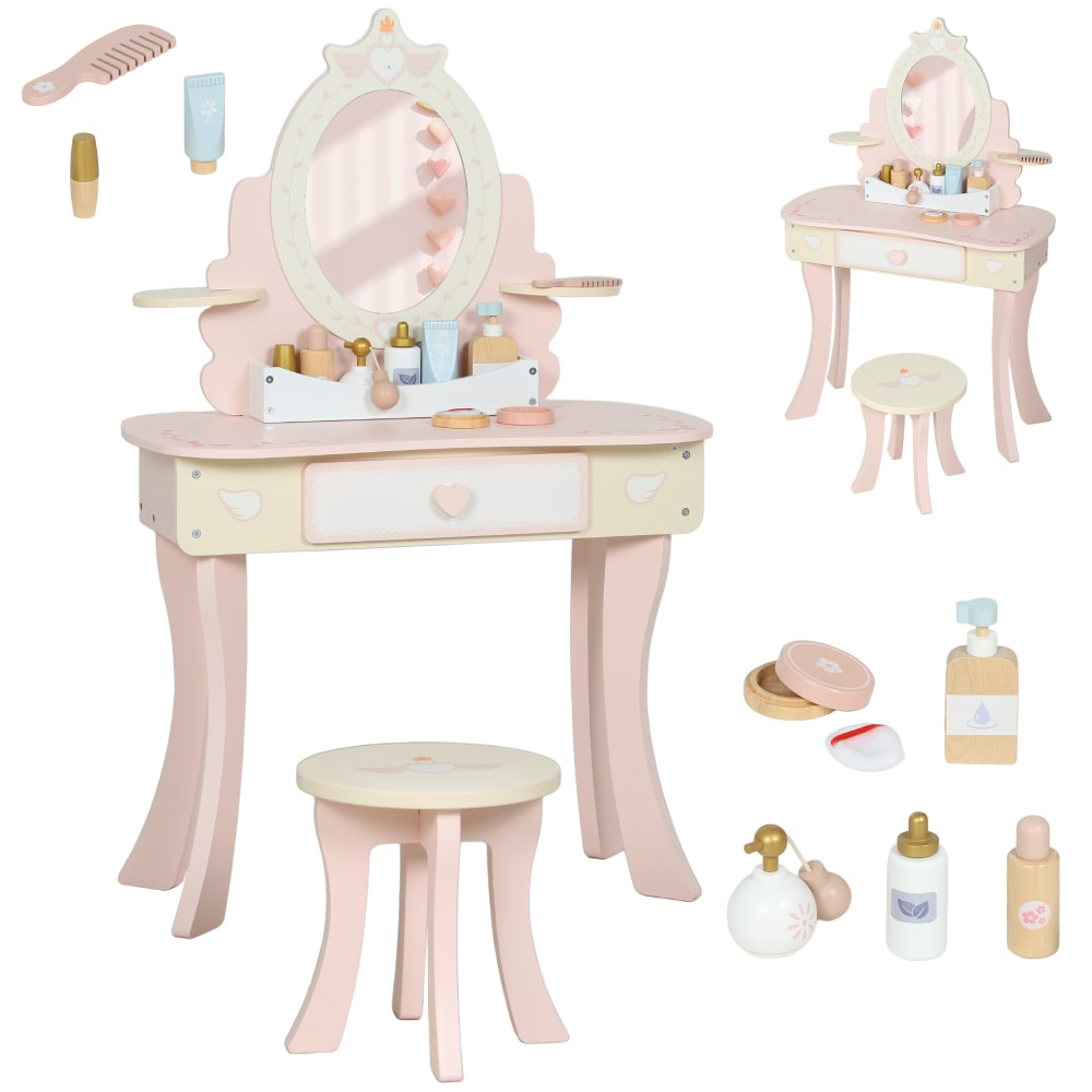 Coiffeuse enfant fille 2 en 1 avec 7 accessoires de jeu MDF rose