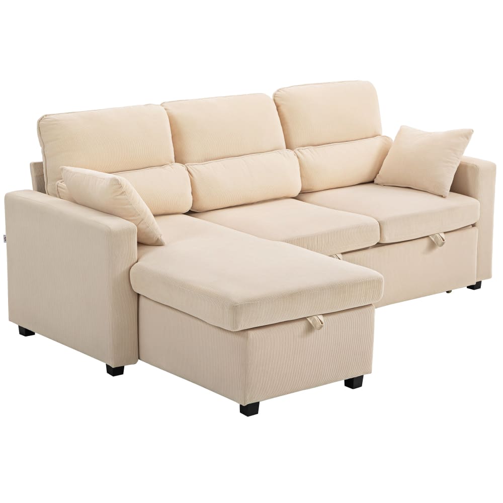 Canapé d'angle convertible 3 places coussins velours côtelé beige