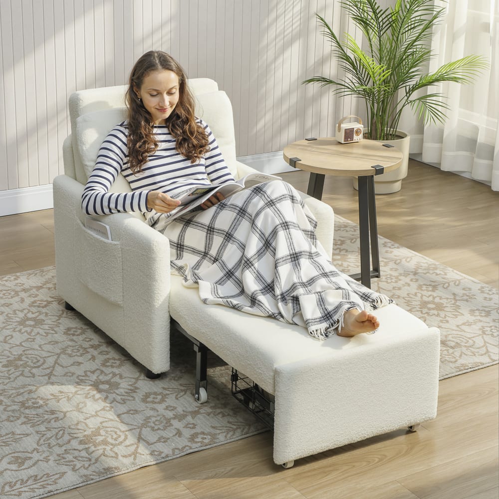 Fauteuil convertible 1 place rangement caché polaire Teddy crème