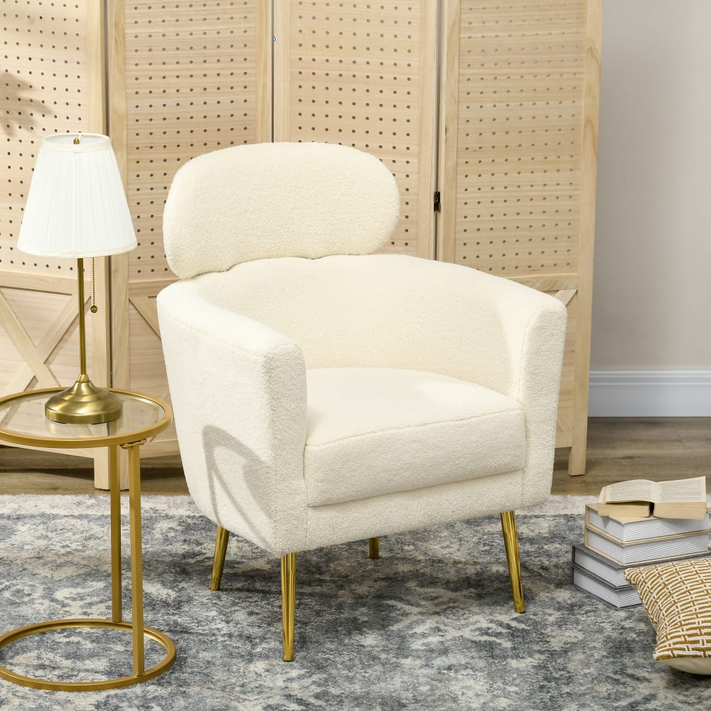 Wohnsessel mit abnehmbarer Kopfstütze, Teddy-Stoff & Creme -