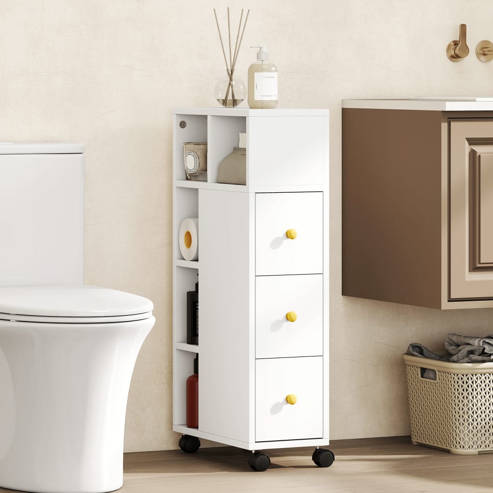 Weißer MDF-Badezimmerkommode mit 3 Schubladen & Rollen - Maisons
