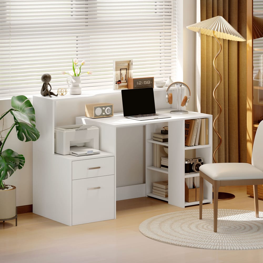 Bureau informatique tiroirs et étagères ouvertes mdf blanc