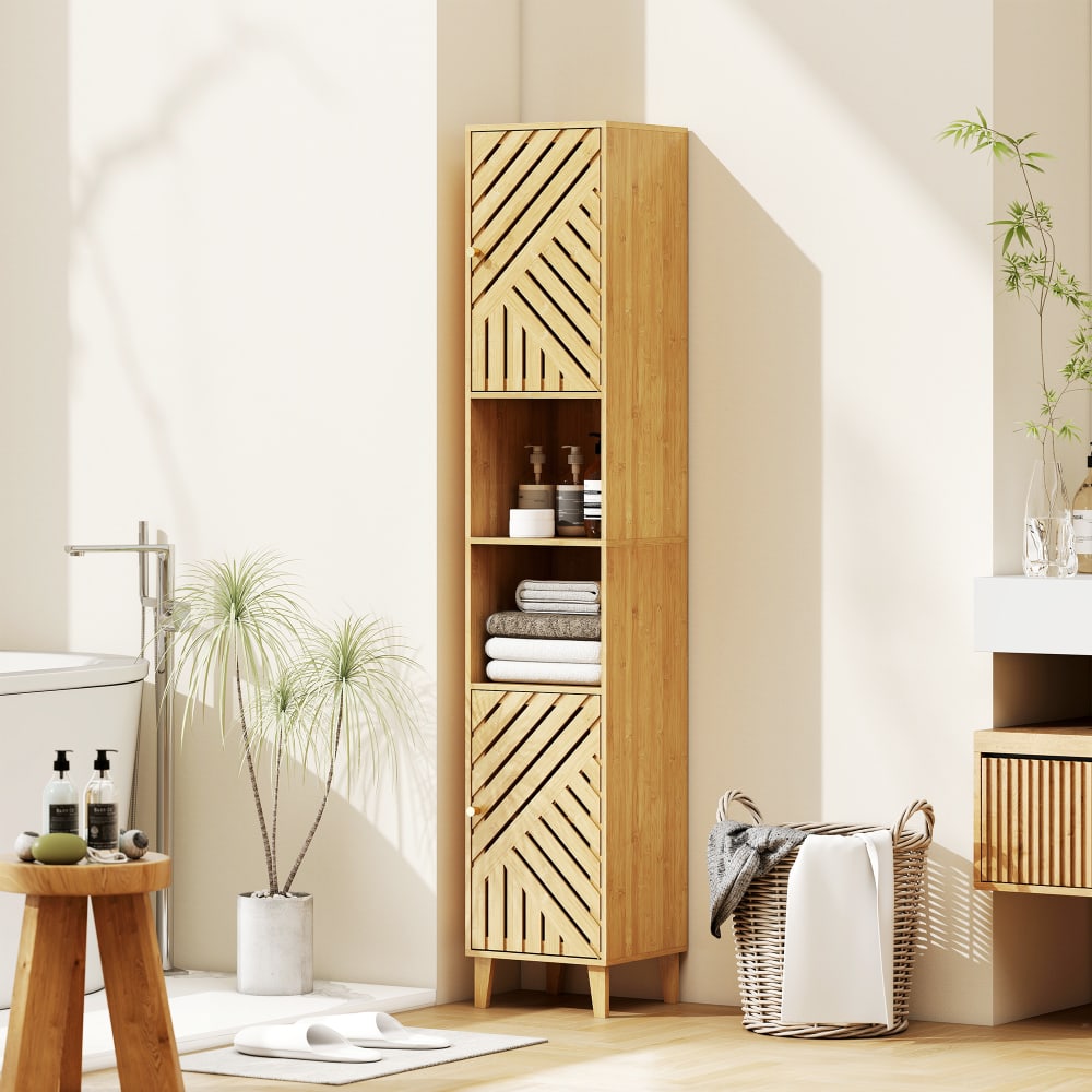 Meuble de rangement colonne portes et pieds en bambou bois naturel — vue 3