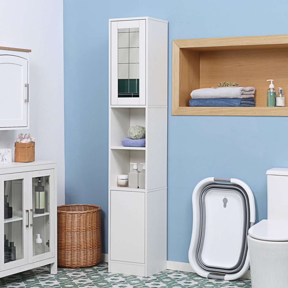 Badezimmer-Säulenschrank, 2Türen, Weiß & Spanplatte - Maisons Du