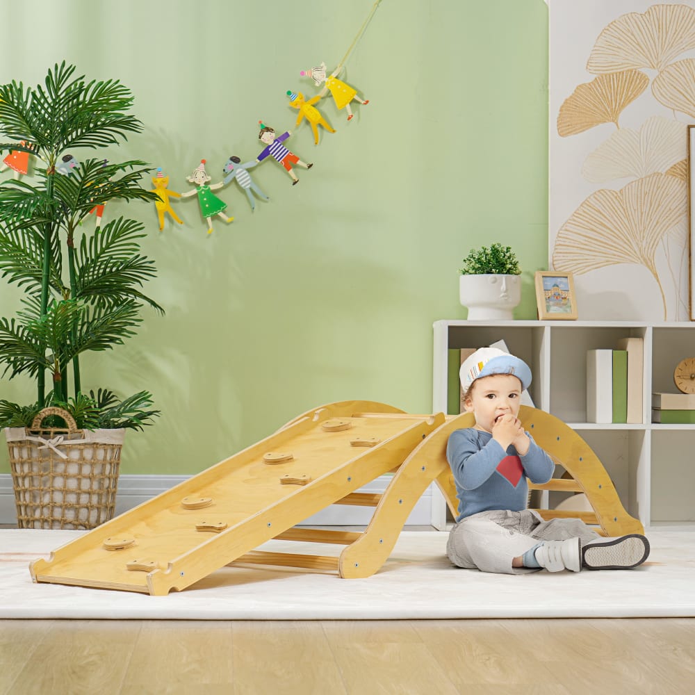 Arche escalade enfants 4 en 1 coussin pin effet bois naturel (Aiyaplay) - Image 1