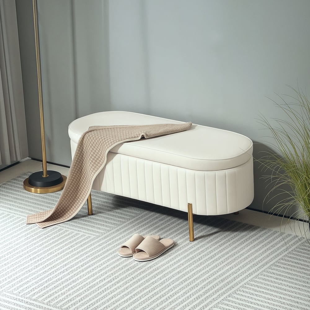 Banc de rangement avec couvercle pieds en métal en velours crème