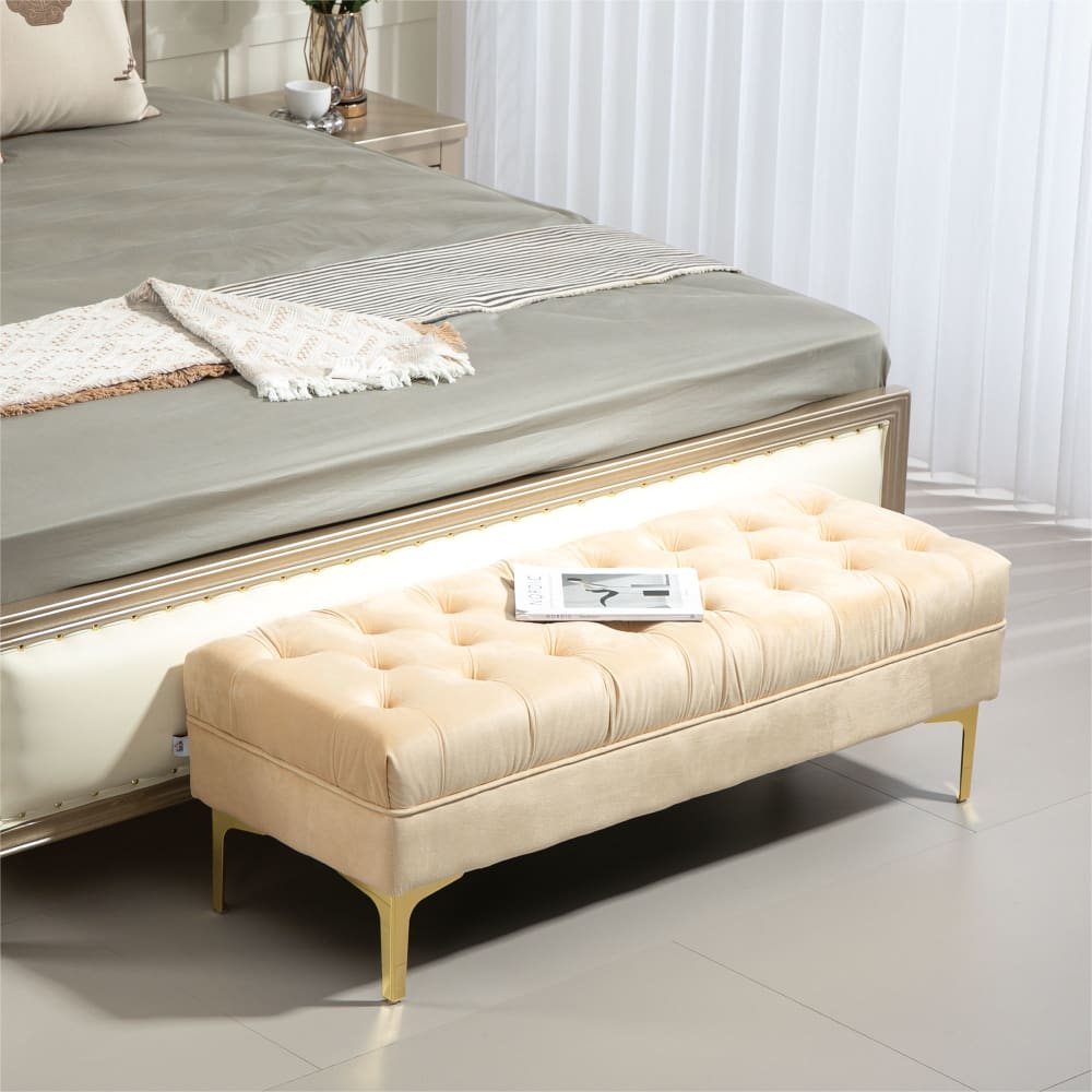 Banc banquette capitonné piètement métal doré velours beige