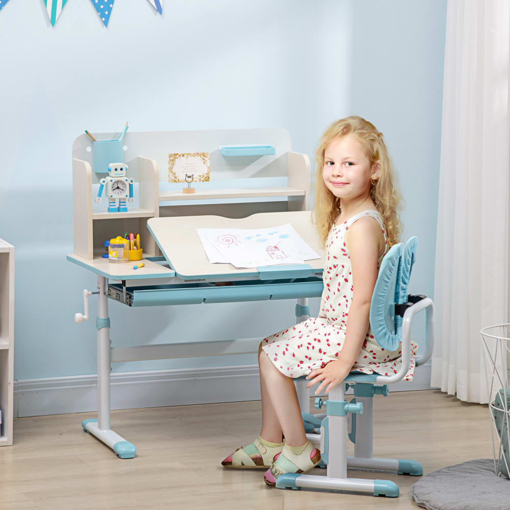 Bureau enfant et chaise, pupitre d'écolier réglable, 80x50x75cm, bleu