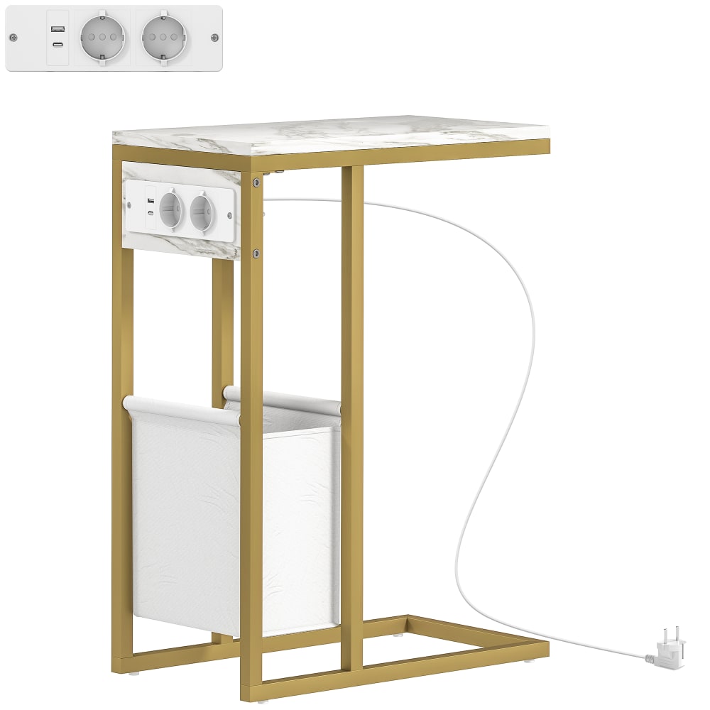 Table d'appoint station de charge sac de rangement en tissu blanc Table d'appoint station de charge sac de rangement en tissu blanc