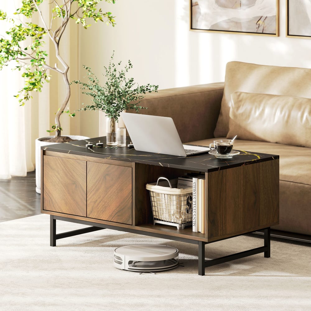 Table basse plateau effet marbre panneau de particules et MDF noyer